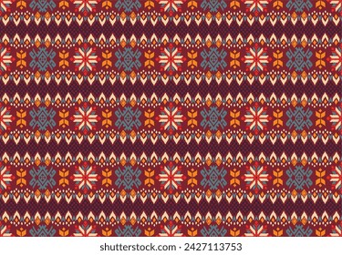 Vector nordic ornament. winter scandinavian seamless pattern, border design for fashion fabric, knit, textile, cross embroidery. Norwegian background with red and blue colors