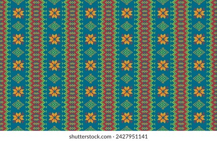 Vector nordic ornament. winter scandinavian seamless pattern, border design for fashion fabric, knit, textile, cross embroidery. Norwegian background with red and blue colors