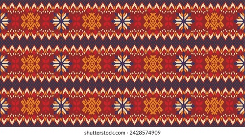 Vector nordic ornament. winter scandinavian seamless pattern, border design for fashion fabric, knit, textile, cross embroidery. Norwegian background with red and blue colors