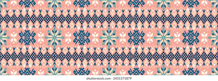 Vector nordic ornament. winter scandinavian seamless pattern, border design for fashion fabric, knit, textile, cross embroidery. Norwegian background with red and blue colors