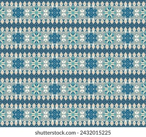 Vector nordic ornament. winter scandinavian seamless pattern, border design for fashion fabric, knit, textile, cross embroidery. Norwegian background with red and blue colors