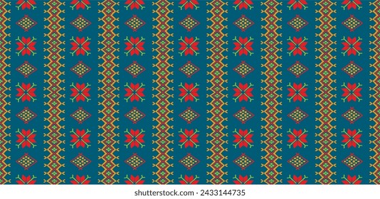 Vector nordic ornament. winter scandinavian seamless pattern, border design for fashion fabric, knit, textile, cross embroidery. Norwegian background with red and blue colors