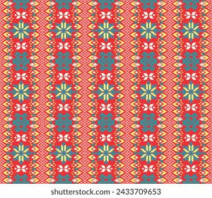 Vector nordic ornament. winter scandinavian seamless pattern, border design for fashion fabric, knit, textile, cross embroidery. Norwegian background with red and blue colors