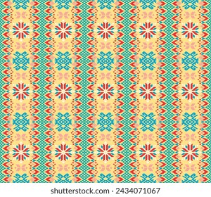 Vector nordic ornament. winter scandinavian seamless pattern, border design for fashion fabric, knit, textile, cross embroidery. Norwegian background with red and blue colors