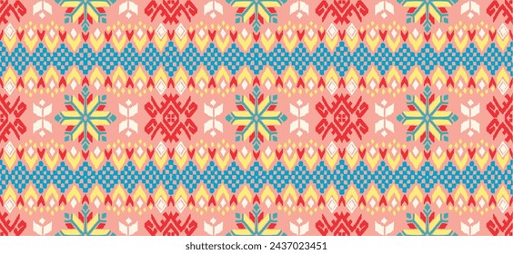 Vector nordic ornament. winter scandinavian seamless pattern, border design for fashion fabric, knit, textile, cross embroidery. Norwegian background with red and blue colors