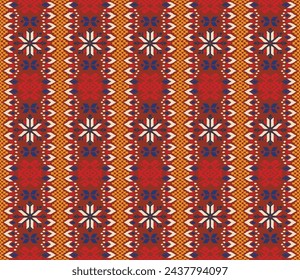 Vector ornamento nórdico. patrón escandinavo de invierno sin costuras, diseño de borde para tela de moda, punto, textil, bordado cruzado. Fondo noruego con colores rojo y azul