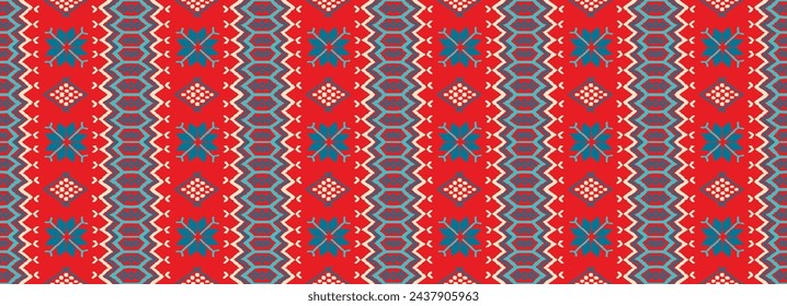 Vector nordic ornament. winter scandinavian seamless pattern, border design for fashion fabric, knit, textile, cross embroidery. Norwegian background with red and blue colors