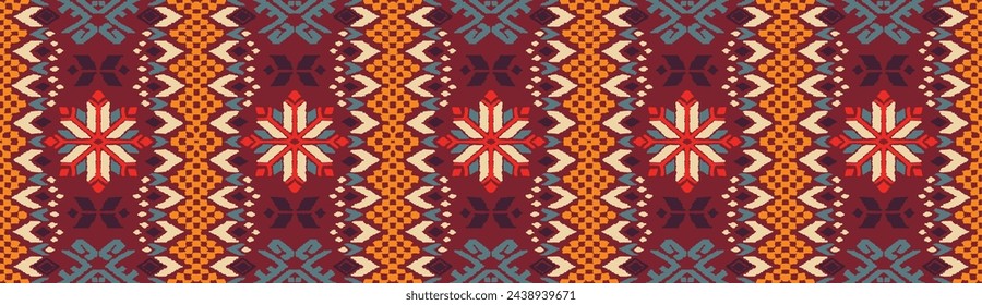 Vector nordic ornament. winter scandinavian seamless pattern, border design for fashion fabric, knit, textile, cross embroidery. Norwegian background with red and blue colors