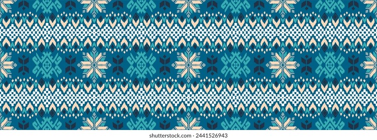 Vector nordic ornament. winter scandinavian seamless pattern, border design for fashion fabric, knit, textile, cross embroidery. Norwegian background with red and blue colors