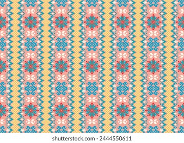 Vector nordic ornament. winter scandinavian seamless pattern, border design for fashion fabric, knit, textile, cross embroidery. Norwegian background with red and blue colors