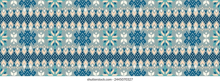Vector nordic ornament. winter scandinavian seamless pattern, border design for fashion fabric, knit, textile, cross embroidery. Norwegian background with red and blue colors