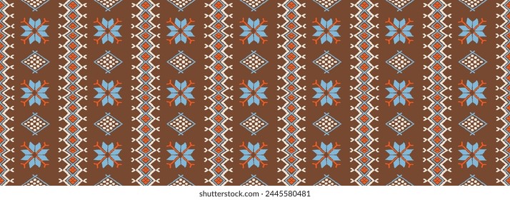 Vector nordic ornament. winter scandinavian seamless pattern, border design for fashion fabric, knit, textile, cross embroidery. Norwegian background with red and blue colors