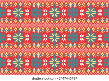Vector nordic ornament. winter scandinavian seamless pattern, border design for fashion fabric, knit, textile, cross embroidery. Norwegian background with red and blue colors