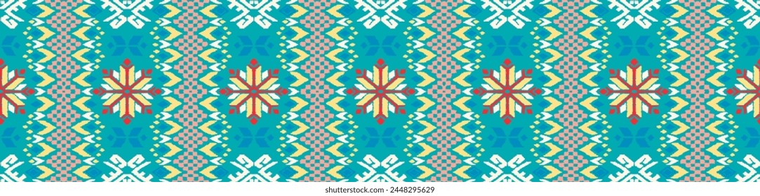 Vector nordic ornament. winter scandinavian seamless pattern, border design for fashion fabric, knit, textile, cross embroidery. Norwegian background with red and blue colors
