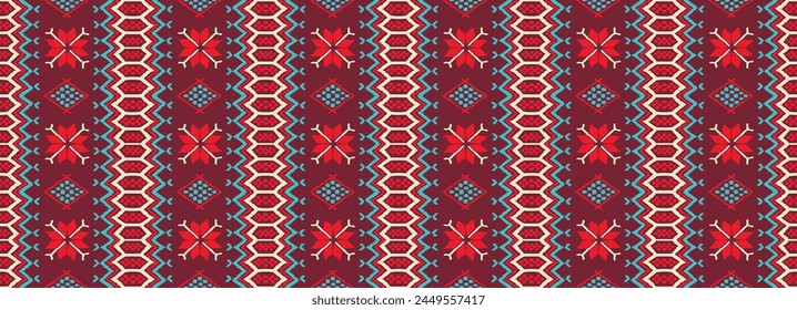 Vector nordic ornament. winter scandinavian seamless pattern, border design for fashion fabric, knit, textile, cross embroidery. Norwegian background with red and blue colors