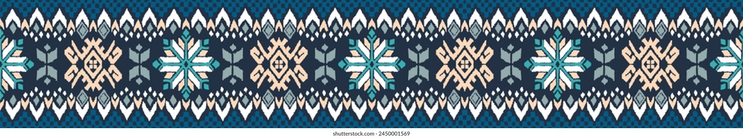 Vector nordic ornament. winter scandinavian seamless pattern, border design for fashion fabric, knit, textile, cross embroidery. Norwegian background with red and blue colors