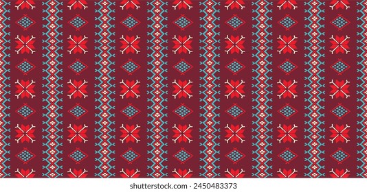 Vector nordic ornament. winter scandinavian seamless pattern, border design for fashion fabric, knit, textile, cross embroidery. Norwegian background with red and blue colors