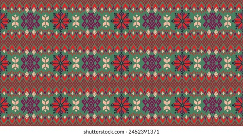 Vector nordic ornament. winter scandinavian seamless pattern, border design for fashion fabric, knit, textile, cross embroidery. Norwegian background with red and blue colors