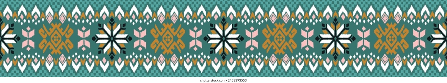 Vector nordic ornament. winter scandinavian seamless pattern, border design for fashion fabric, knit, textile, cross embroidery. Norwegian background with red and blue colors