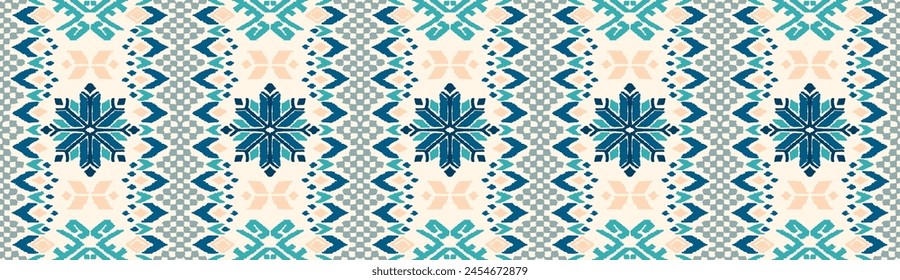 Vector nordic ornament. winter scandinavian seamless pattern, border design for fashion fabric, knit, textile, cross embroidery. Norwegian background with red and blue colors