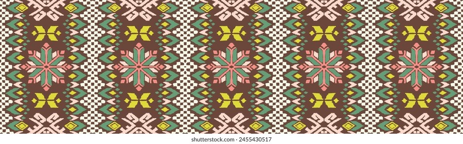 Vector nordic ornament. winter scandinavian seamless pattern, border design for fashion fabric, knit, textile, cross embroidery. Norwegian background with red and blue colors