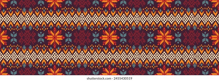 Vector nordic ornament. winter scandinavian seamless pattern, border design for fashion fabric, knit, textile, cross embroidery. Norwegian background with red and blue colors