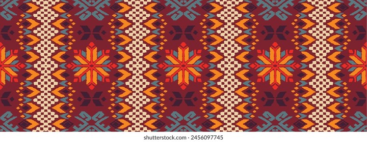 Vector nordic ornament. winter scandinavian seamless pattern, border design for fashion fabric, knit, textile, cross embroidery. Norwegian background with red and blue colors