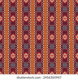 Vector nordic ornament. winter scandinavian seamless pattern, border design for fashion fabric, knit, textile, cross embroidery. Norwegian background with red and blue colors