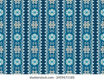 Vector nordic ornament. winter scandinavian seamless pattern, border design for fashion fabric, knit, textile, cross embroidery. Norwegian background with red and blue colors