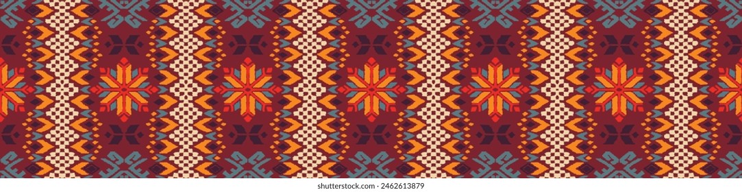 Vector nordic ornament. winter scandinavian seamless pattern, border design for fashion fabric, knit, textile, cross embroidery. Norwegian background with red and blue colors