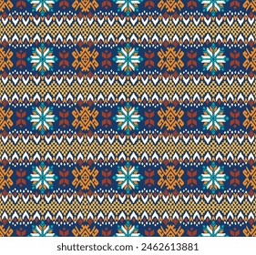 Vector nordic ornament. winter scandinavian seamless pattern, border design for fashion fabric, knit, textile, cross embroidery. Norwegian background with red and blue colors