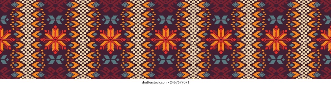 Vector nordic ornament. winter scandinavian seamless pattern, border design for fashion fabric, knit, textile, cross embroidery. Norwegian background with red and blue colors