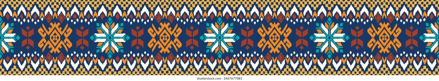 Vector nordic ornament. winter scandinavian seamless pattern, border design for fashion fabric, knit, textile, cross embroidery. Norwegian background with red and blue colors