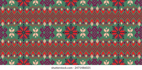 Vector nordic ornament. winter scandinavian seamless pattern, border design for fashion fabric, knit, textile, cross embroidery. Norwegian background with red and blue colors
