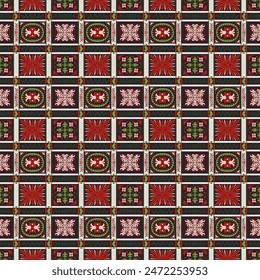 Vector nordic ornament. winter scandinavian seamless pattern, border design for fashion fabric, knit, textile, cross embroidery. Norwegian background with red and blue colors