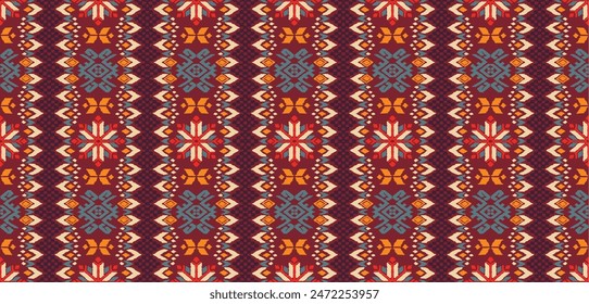 Vector nordic ornament. winter scandinavian seamless pattern, border design for fashion fabric, knit, textile, cross embroidery. Norwegian background with red and blue colors