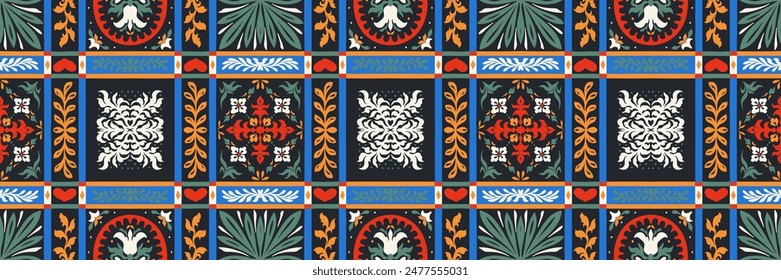 Vector nordic ornament. winter scandinavian seamless pattern, border design for fashion fabric, knit, textile, cross embroidery. Norwegian background with red and blue colors