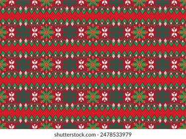 Vector nordic ornament. winter scandinavian seamless pattern, border design for fashion fabric, knit, textile, cross embroidery. Norwegian background with red and blue colors