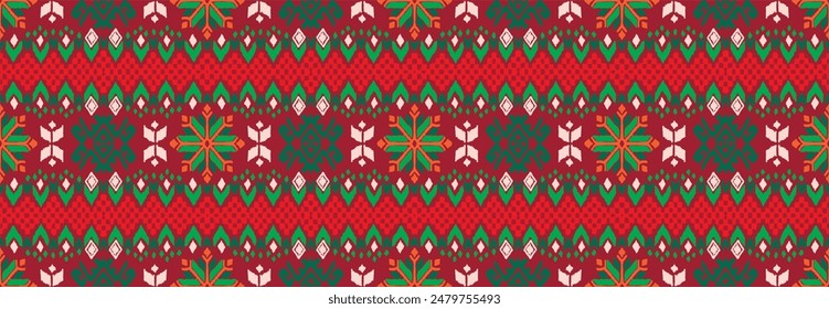 Vector nordic ornament. winter scandinavian seamless pattern, border design for fashion fabric, knit, textile, cross embroidery. Norwegian background with red and blue colors