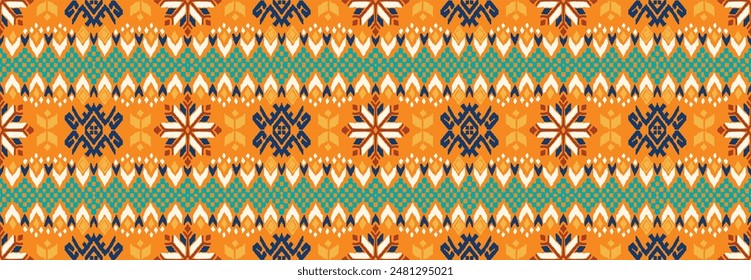 Vector nordic ornament. winter scandinavian seamless pattern, border design for fashion fabric, knit, textile, cross embroidery. Norwegian background with red and blue colors