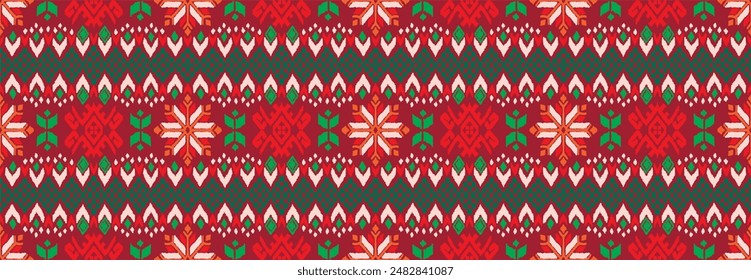 Vector nordic ornament. winter scandinavian seamless pattern, border design for fashion fabric, knit, textile, cross embroidery. Norwegian background with red and blue colors