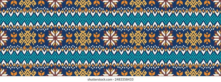 Vector nordic ornament. winter scandinavian seamless pattern, border design for fashion fabric, knit, textile, cross embroidery. Norwegian background with red and blue colors