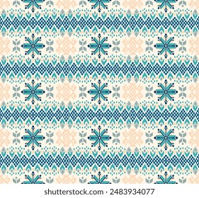 Vector nordic ornament. winter scandinavian seamless pattern, border design for fashion fabric, knit, textile, cross embroidery. Norwegian background with red and blue colors