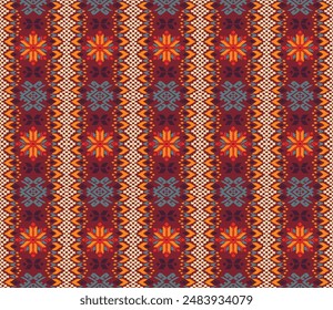 Vector nordic ornament. winter scandinavian seamless pattern, border design for fashion fabric, knit, textile, cross embroidery. Norwegian background with red and blue colors