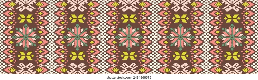 Vector nordic ornament. winter scandinavian seamless pattern, border design for fashion fabric, knit, textile, cross embroidery. Norwegian background with red and blue colors
