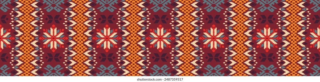 Vector nordic ornament. winter scandinavian seamless pattern, border design for fashion fabric, knit, textile, cross embroidery. Norwegian background with red and blue colors