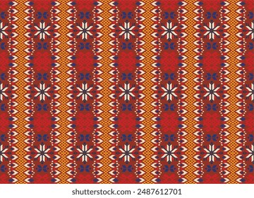 Vector nordic ornament. winter scandinavian seamless pattern, border design for fashion fabric, knit, textile, cross embroidery. Norwegian background with red and blue colors