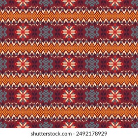 Vector nordic ornament. winter scandinavian seamless pattern, border design for fashion fabric, knit, textile, cross embroidery. Norwegian background with red and blue colors