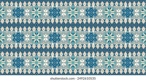 Vector nordic ornament. winter scandinavian seamless pattern, border design for fashion fabric, knit, textile, cross embroidery. Norwegian background with red and blue colors