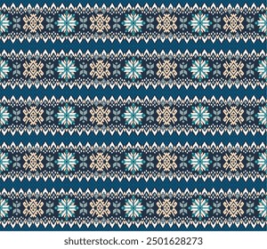 Vector nordic ornament. winter scandinavian seamless pattern, border design for fashion fabric, knit, textile, cross embroidery. Norwegian background with red and blue colors